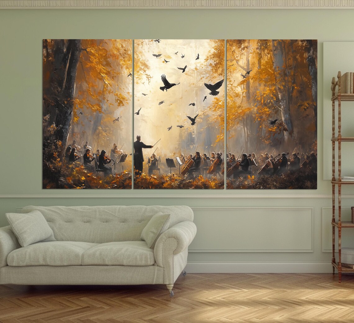 Symphony Orchestra Autumn Forest Oil Painting Style Birds Music Poster - Image 3