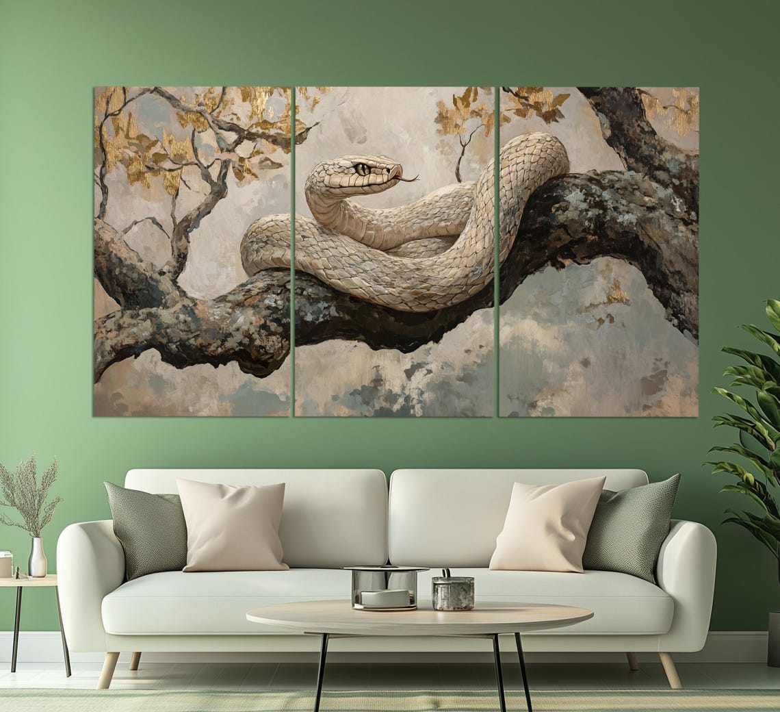 White Snake Coiled On Branch Gold Leaf Tones Wildlife Art Print - Image 3