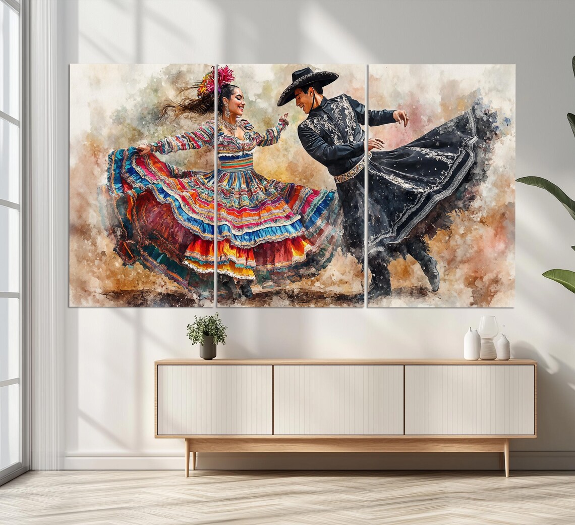 Mexican Folkloric Dancers Watercolor Style Vibrant Traditional Dance Poster - Image 2