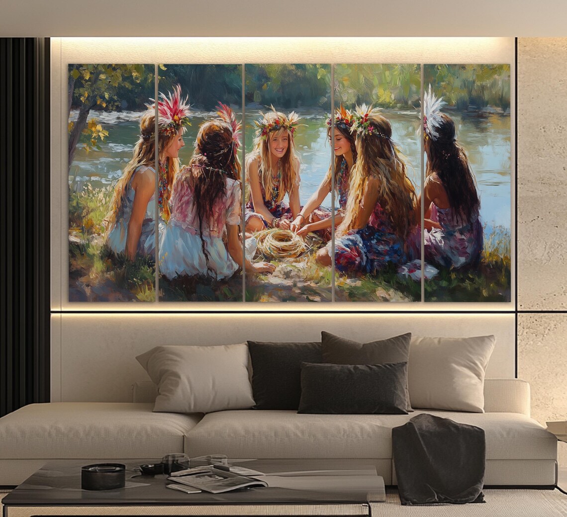 Girls With Flower Crowns By Lake Summer Impressionist Painting Print - Image 2