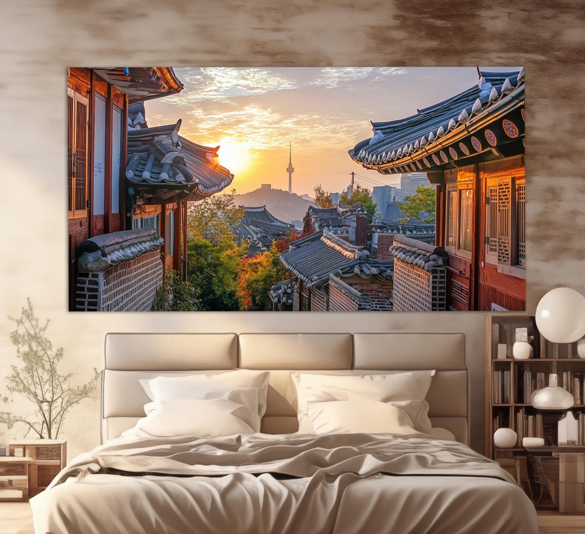 Bukchon Hanok Village Print In A Vintage Oil Painting Style South Korea Wall Art South Korea Painting South Korea Print