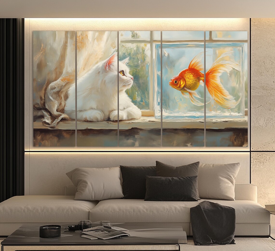 White Cat Watching Goldfish Aquarium Window Soft Oil Painting Style Poster - Image 5