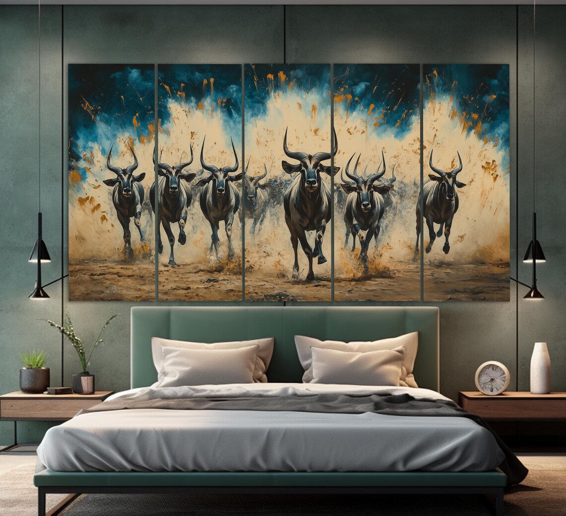 African Wildebeest Herd Charging Dusty Savannah Art Golden Hour Print - Image 2