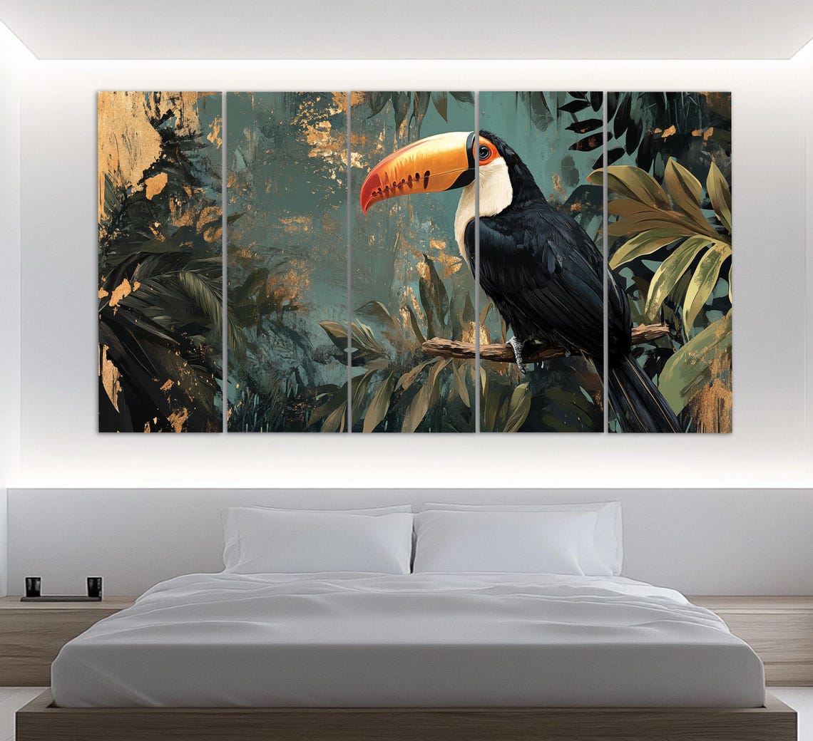 Toco Toucan On Branch In Tropical Jungle With Gold Leaf Accent Poster - Image 2