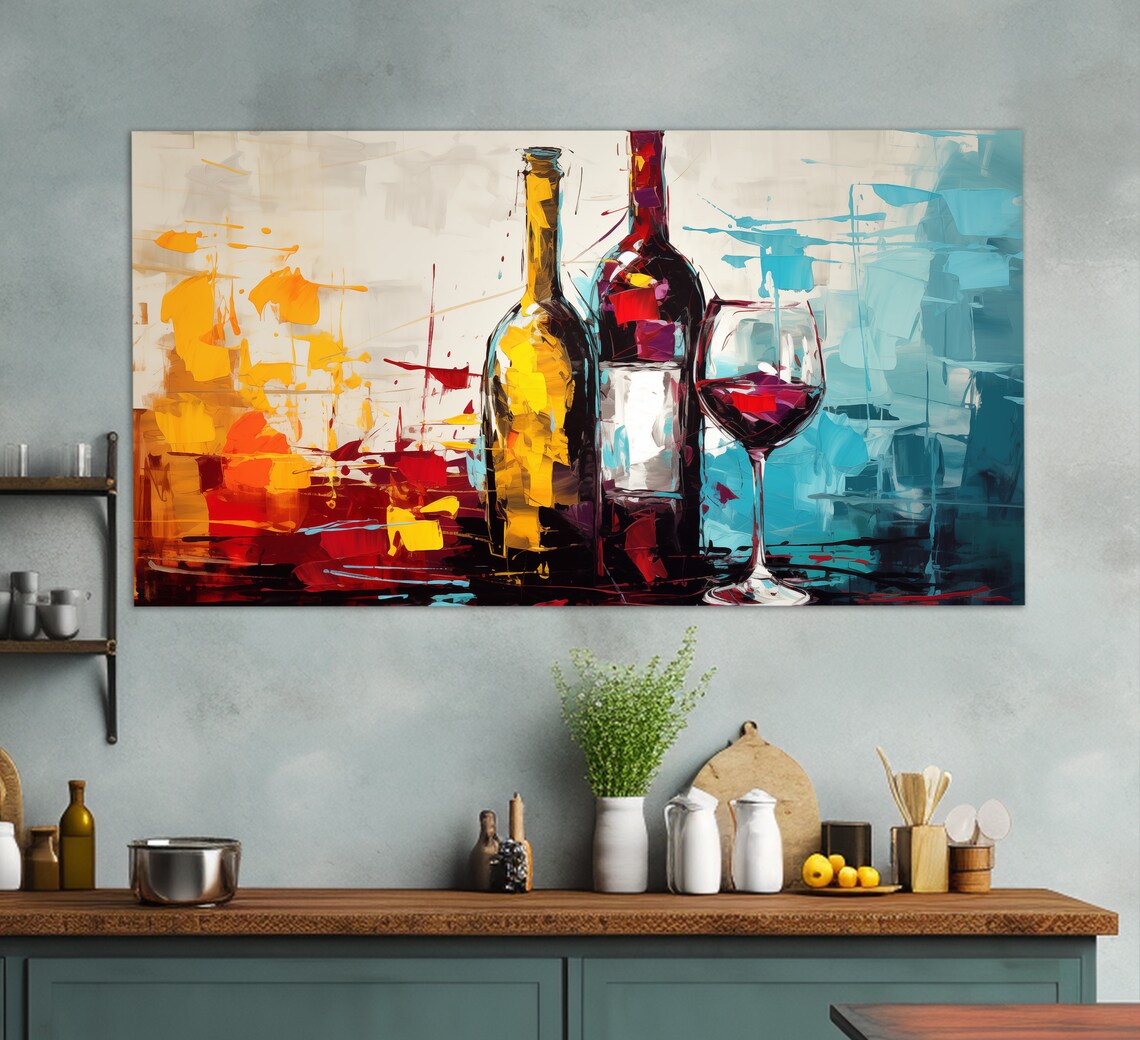 Abstract Wine Bottles And Glass Oil Painting Style Colorful Kitchen Wall Art - Image 3
