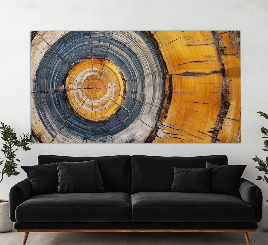 Golden Mustard And Slate Blue Tree Rings Cross Section Wall Art Poster - Image 5
