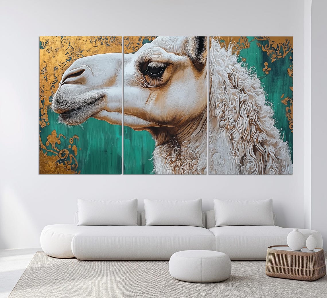 White Camel Portrait Emerald Green Gold Background Eastern Art Poster - Image 3