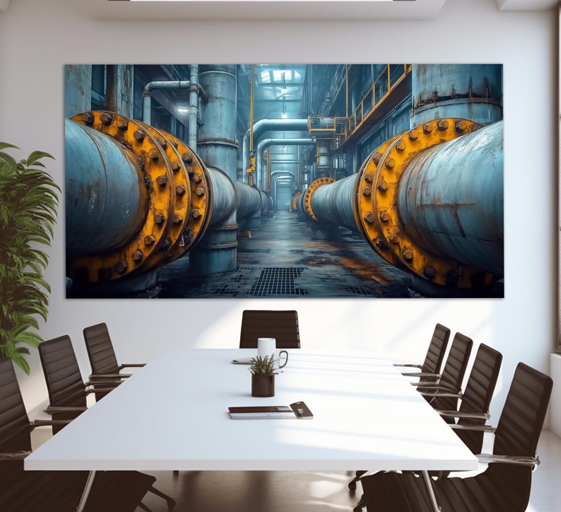 Industrial Factory Interior Blue Steel Pipes Yellow Flanges Wall Art - Image 4