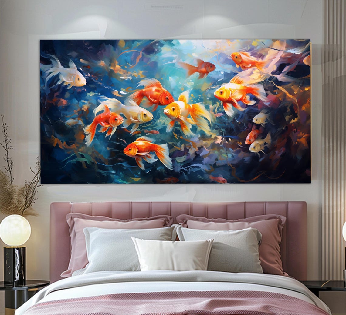 School Of Orange Goldfish Deep Blue Water Abstract Oil Painting Poster