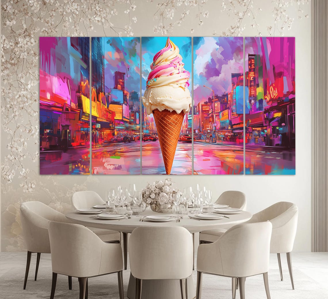 Giant Ice Cream Cone Neon City Night Surreal Pop Art Style Fun Poster - Image 5