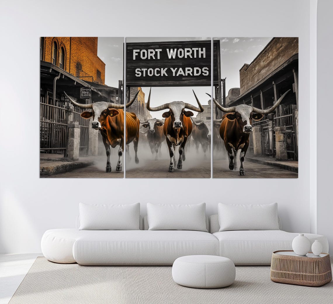Fort Worth Stock Yards Longhorn Cattle Drive Texas Western Art Poster - Image 3