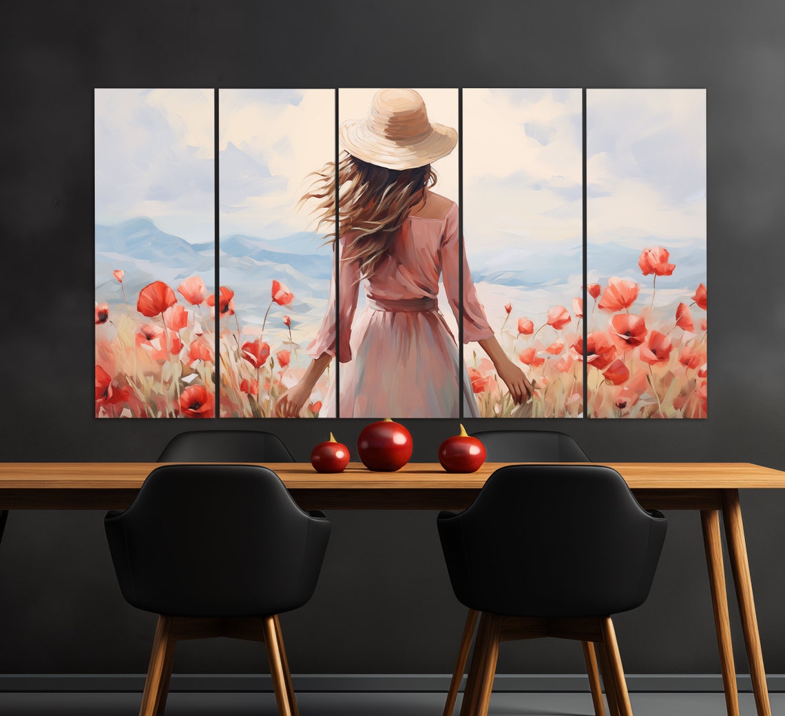 Girl In A Poppy Field Print In A Vintage Oil Painting Style Floral Wall Decor Romantic Wall Art Poppy Field Painting - Image 2