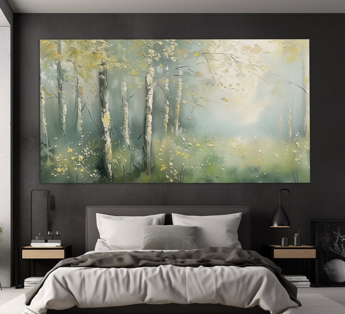 Misty Spring Forest Birch Trees Yellow Wildflowers Soft Light Wall Art