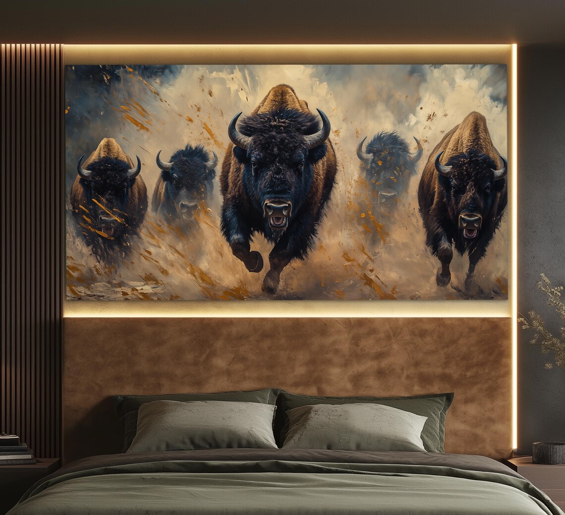 Herd Of Charging Bison Dusty Sepia Triptych Powerful Western Wildlife Poster - Image 4