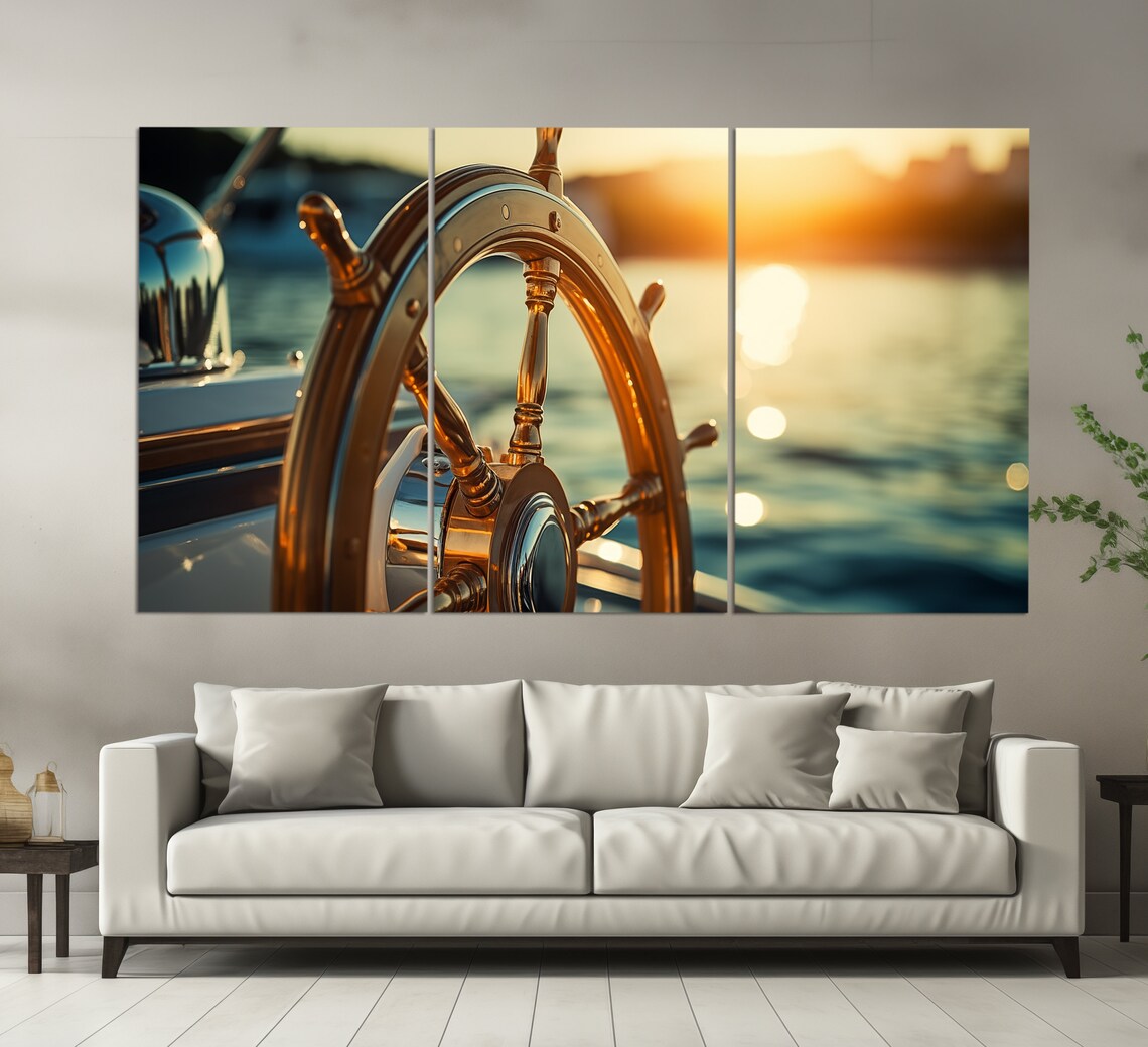Yacht Ship Wheel Close Up Golden Sunset Sparkling Sea Poster - Image 4