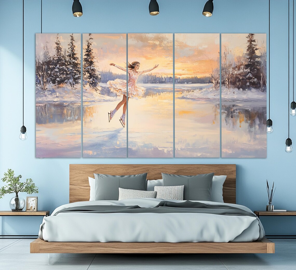 Figure Skating Wall Art Figure Skater On Winter Lake Print In An Vintage Oil Painting Style Figure Skating Poster - Image 2