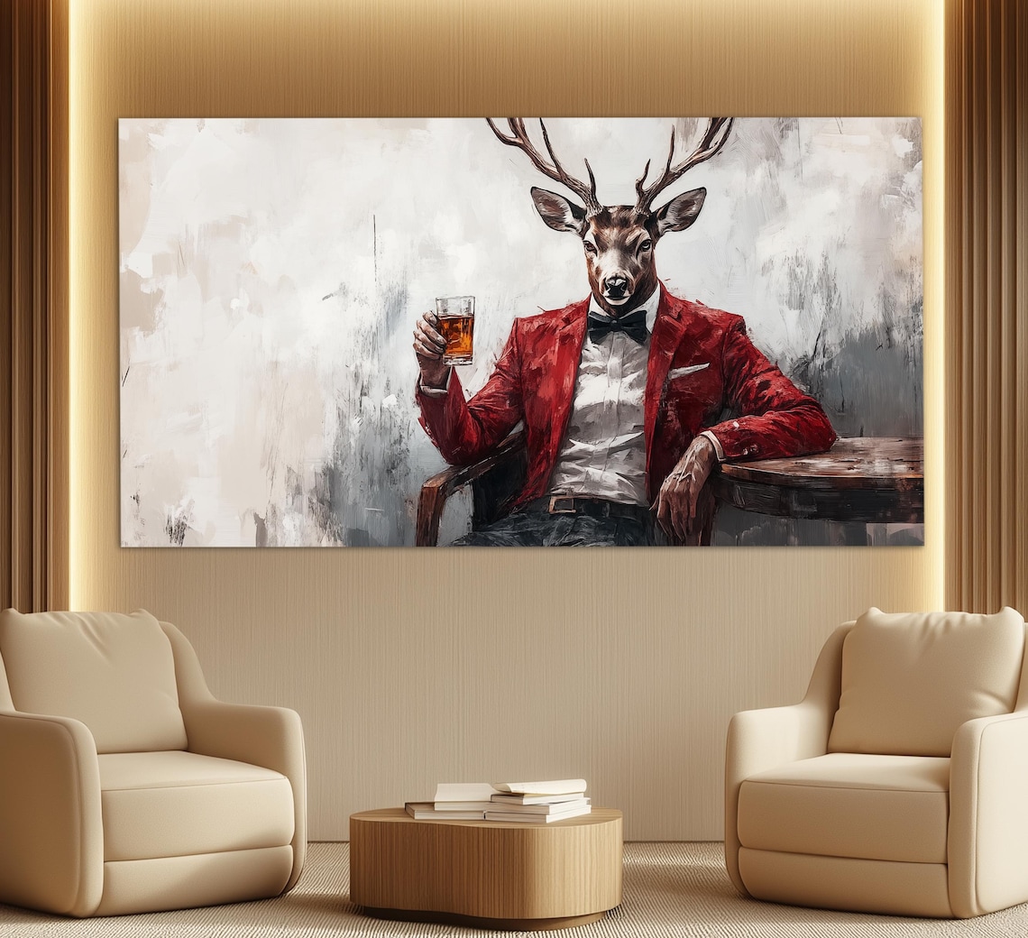 Dapper Stag In Red Tuxedo Holding Whiskey Glass Fun Pub Man Cave Art Poster