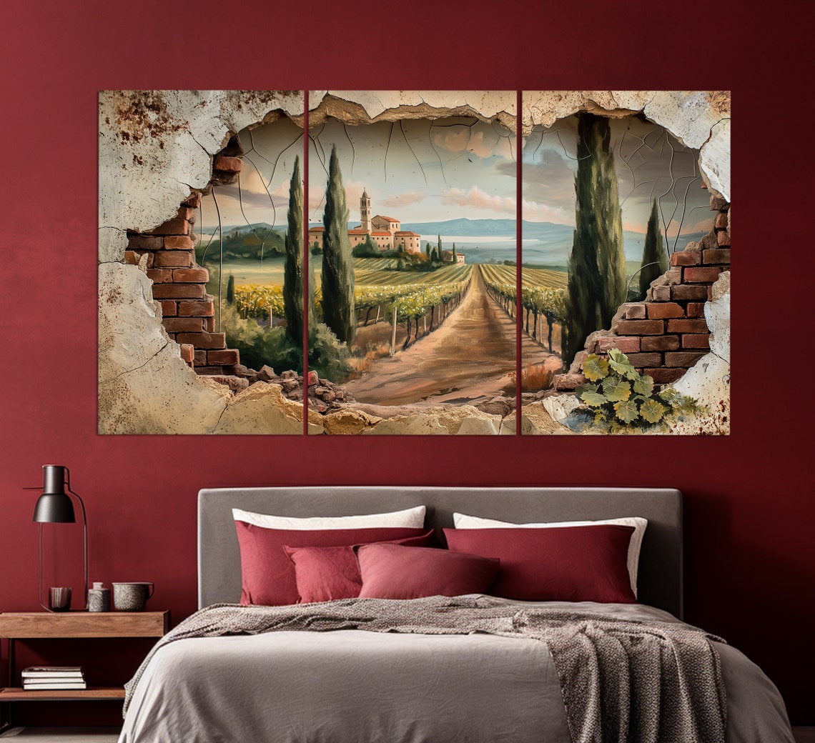 Tuscany Vineyard 3D Broken Wall View Cypress Trees Villa Travel Poster - Image 3