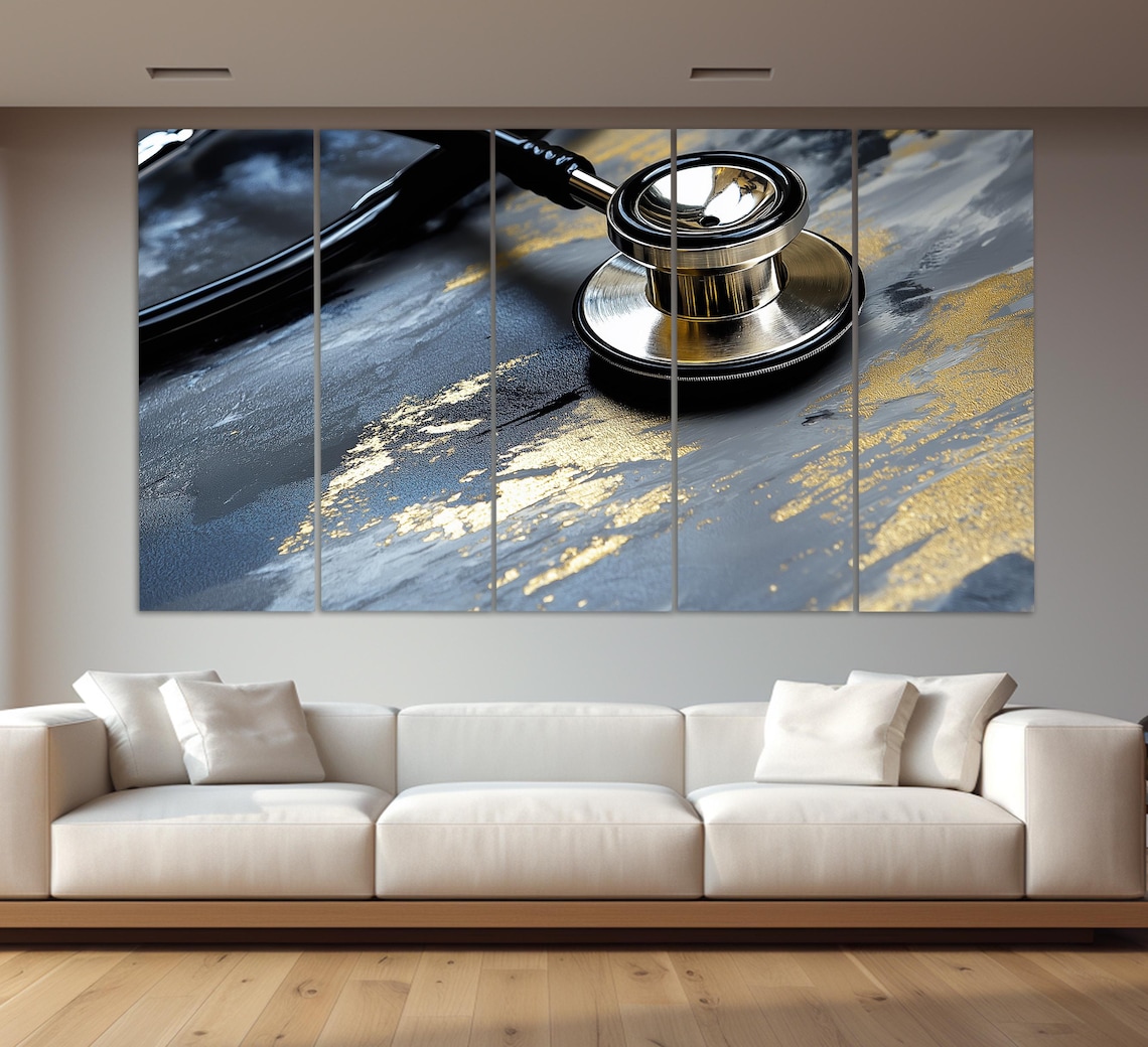 Stethoscope On Blue Marble Gold Veins Medical Decor Art Print - Image 2