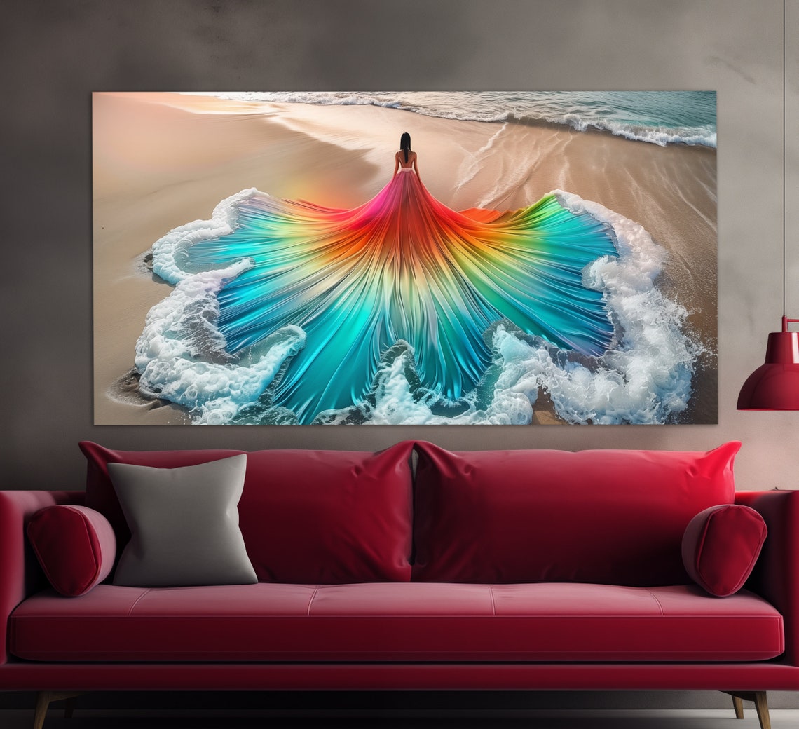 Woman In Rainbow Ocean Wave Gown On Sandy Beach Aerial View Wall Art - Image 4