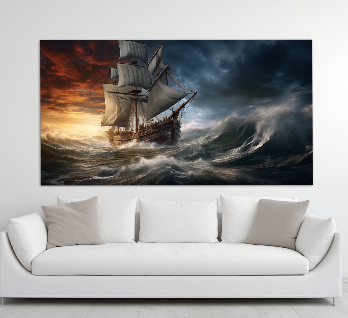 Old Sailboat Stormy Sea Waves Vintage Oil Painting Style Poster
