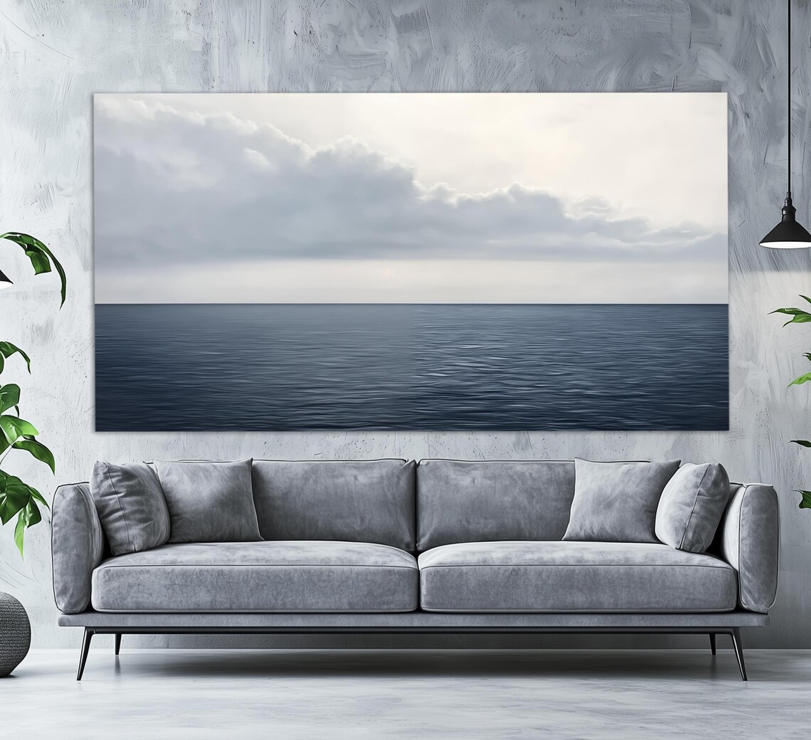 Minimalist Dark Blue Ocean Horizon Cloudy Sky Calm Seascape Poster - Image 3