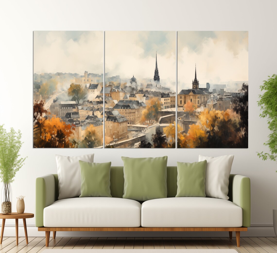Luxembourg City Old Town Autumn Church Spires Vintage Painting Poster - Image 2