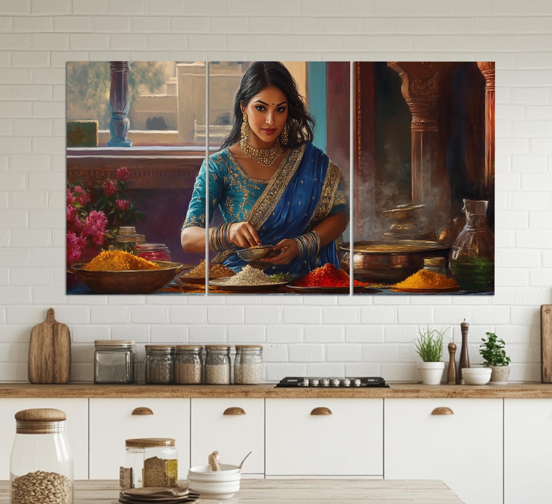 Indian Woman In Blue Sari With Colorful Spices Kitchen Art Poster - Image 3