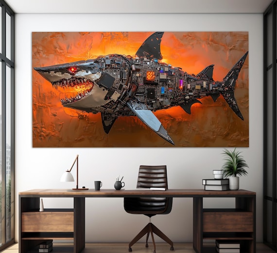 Robotic Shark Microchip Circuit Board Sculpture Fiery Orange Wall Art Poster