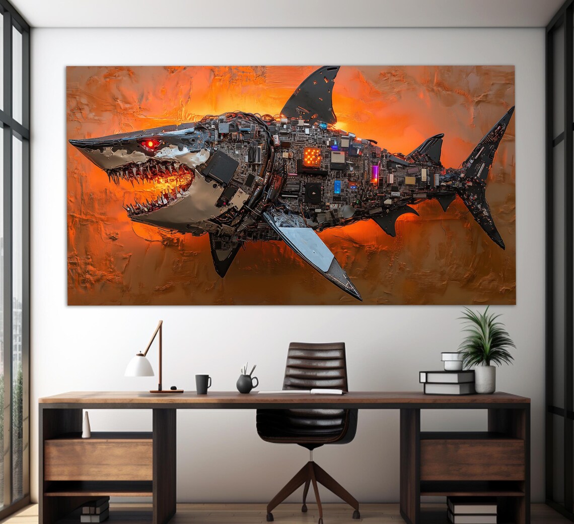 Robotic Shark Microchip Circuit Board Sculpture Fiery Orange Wall Art Poster