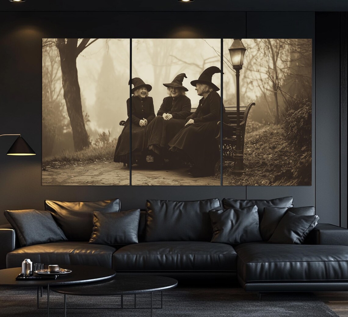 Three Old Witches Park Bench Foggy Forest Vintage Photo Style Gothic Poster - Image 3