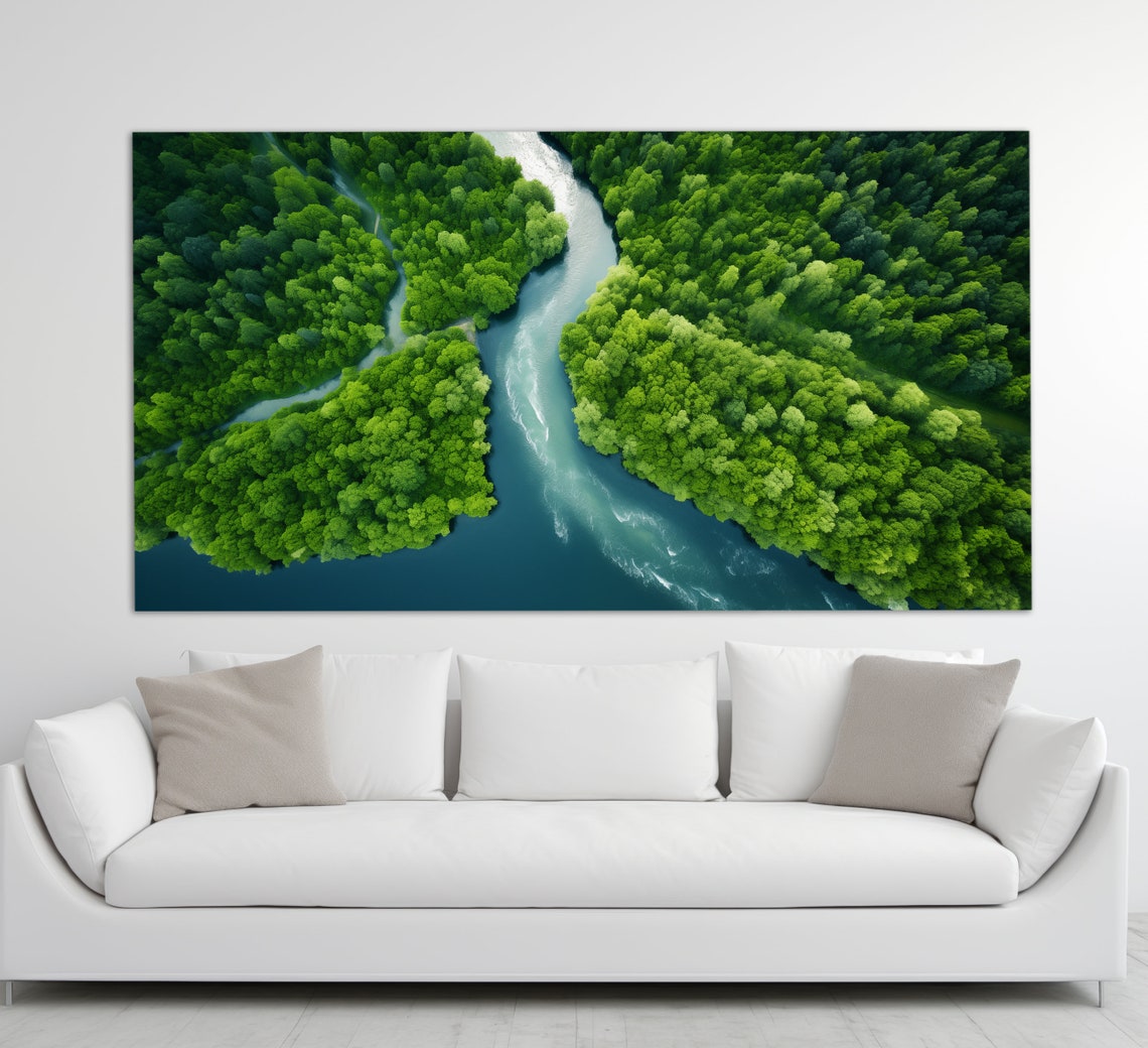 Aerial Forest River Winding Green Trees Nature Drone View Poster