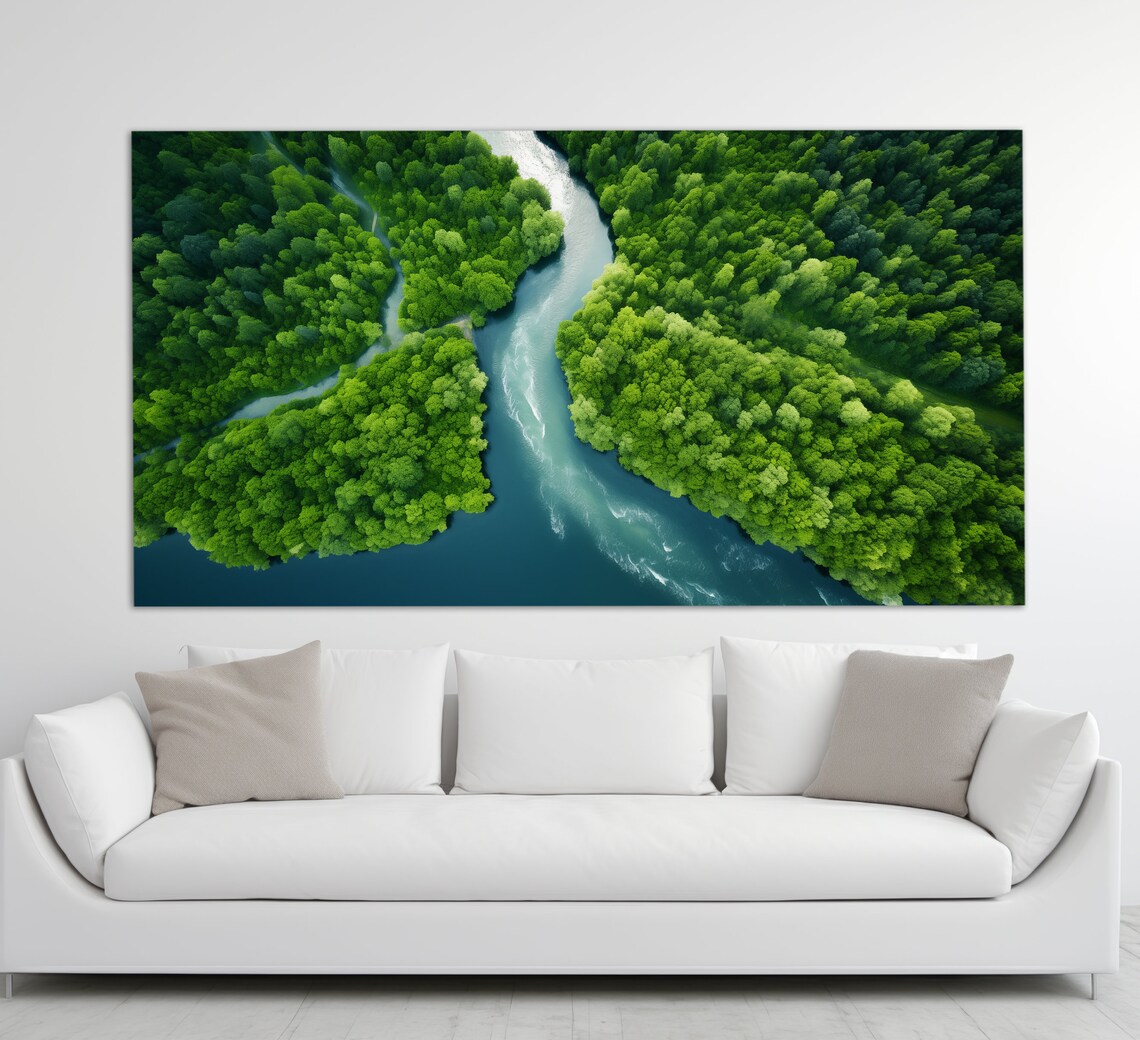 Nature Wall Art Forest And River Print Aerial Forest Wall Art Nature Wall Decor Large Green Forest Print