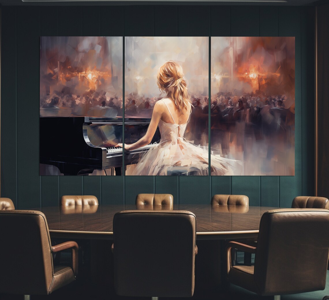 Woman Pianist Grand Piano Concert Stage Audience Painting Music Poster - Image 2