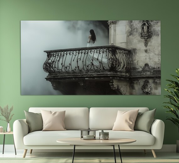 Gothic Beauty White Dress Old Balcony Dark Fantasy Painting Art Poster