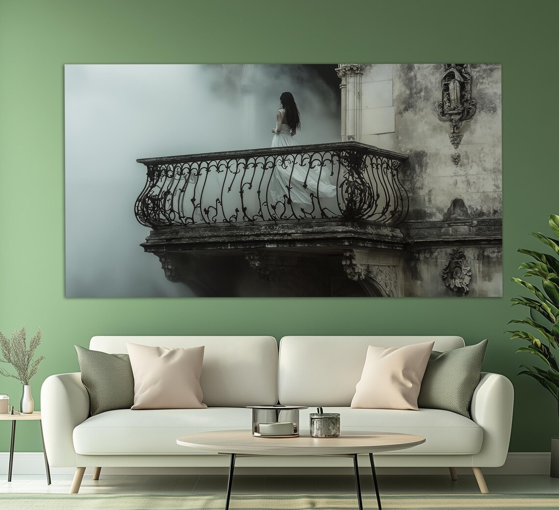 Gothic Beauty White Dress Old Balcony Dark Fantasy Painting Art Poster
