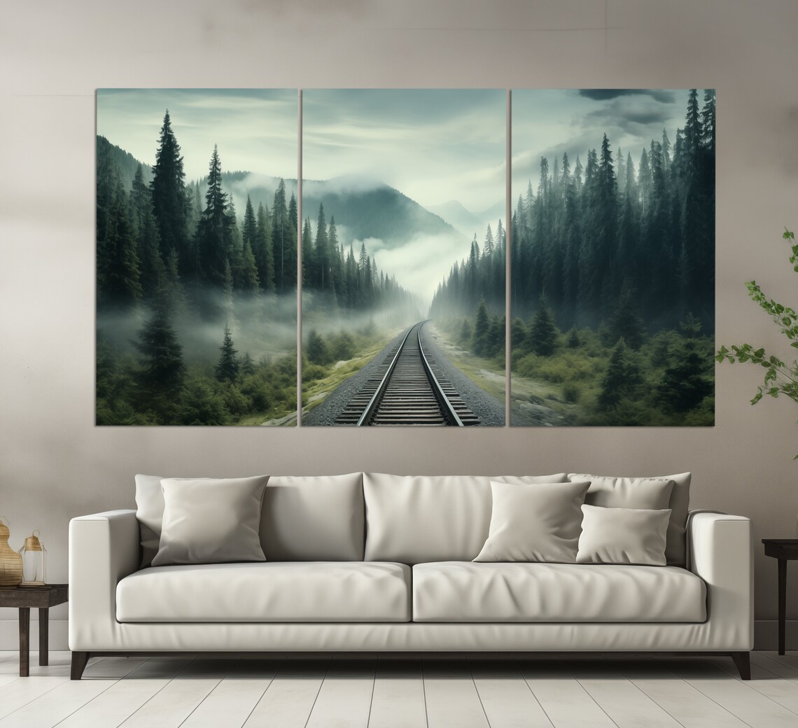 Railway Through The Foggy Forest, Travel Art Print - Image 3