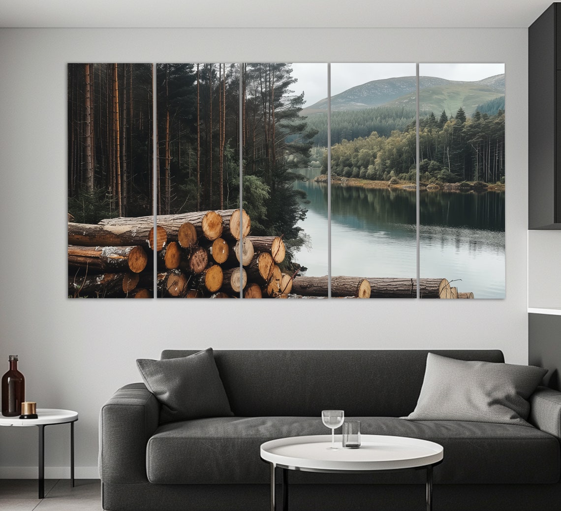 Cut Timber Logs Stacked By Scenic Forest Lake Mountain View Wall Art - Image 2