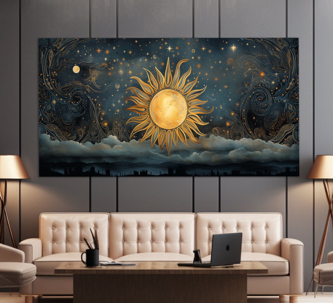 Golden Celestial Sun Starry Night Sky Boho Mid Century Art Poster