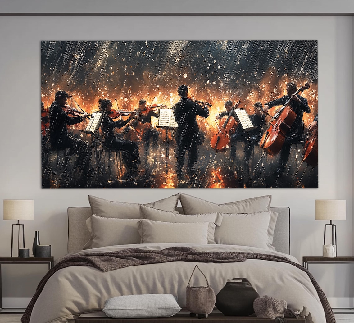 Symphony Orchestra Playing In Rainy Night Glowing Embers Classical Music Poster