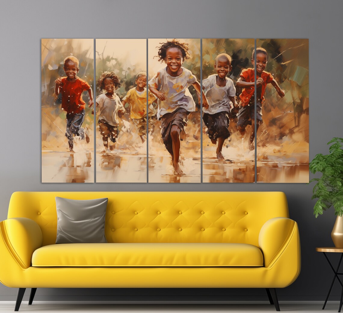 Happy Running Kids, Oil Painting Style Art Print - Image 2