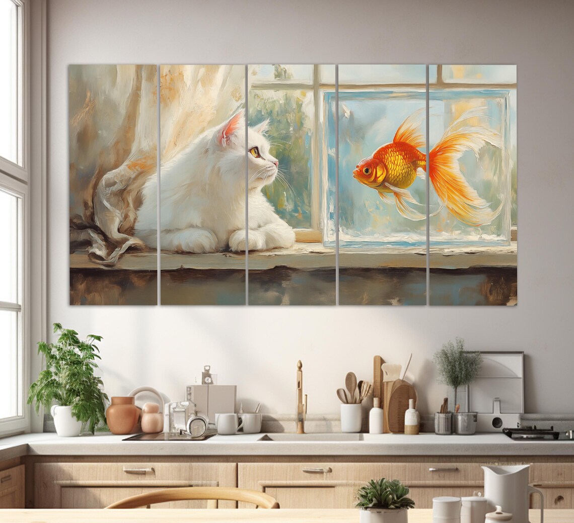 White Cat Watching Goldfish Aquarium Window Soft Oil Painting Style Poster - Image 2