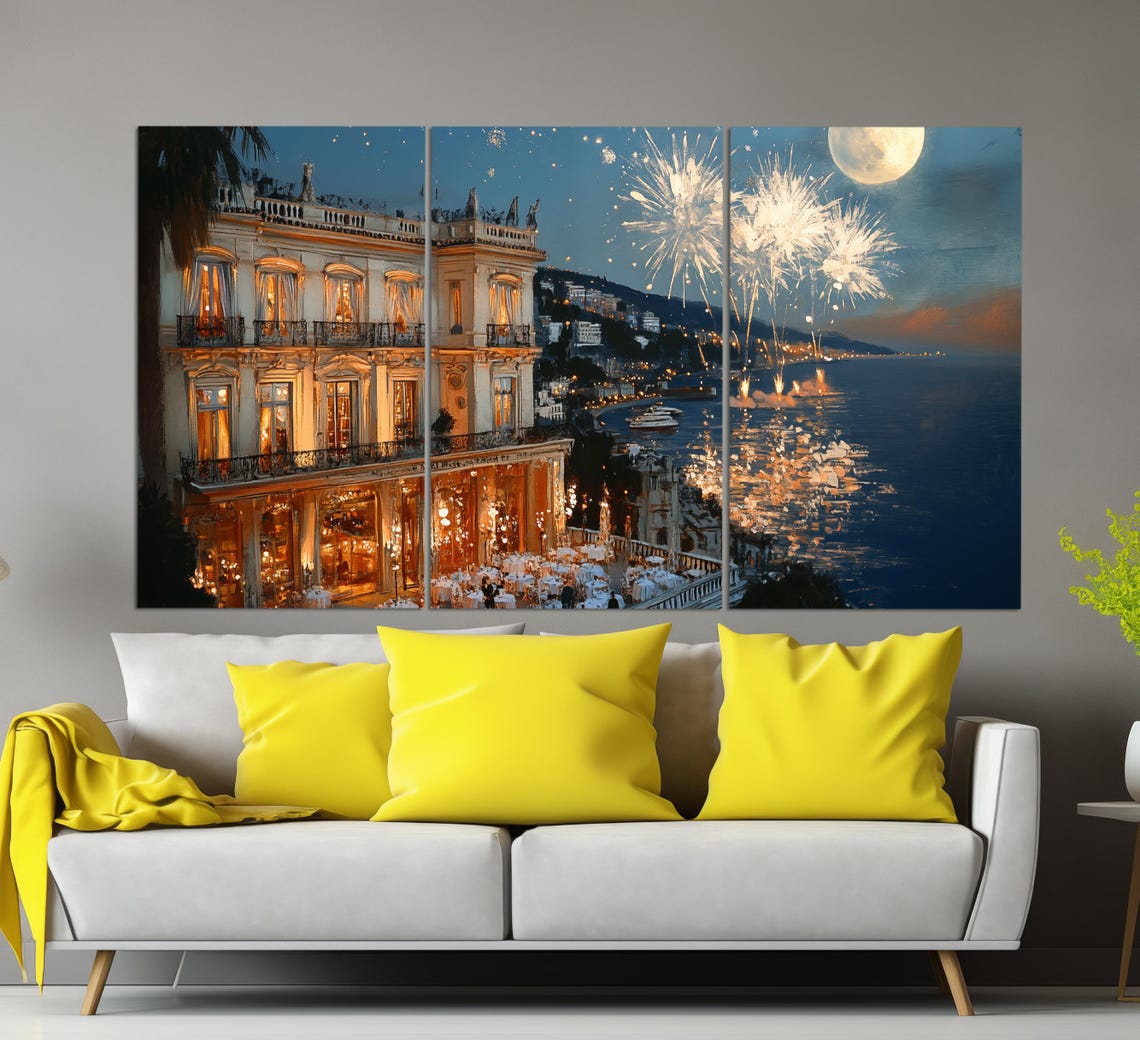 Nice French Riviera Waterfront Hotel Fireworks Moonlit Bay Poster - Image 4