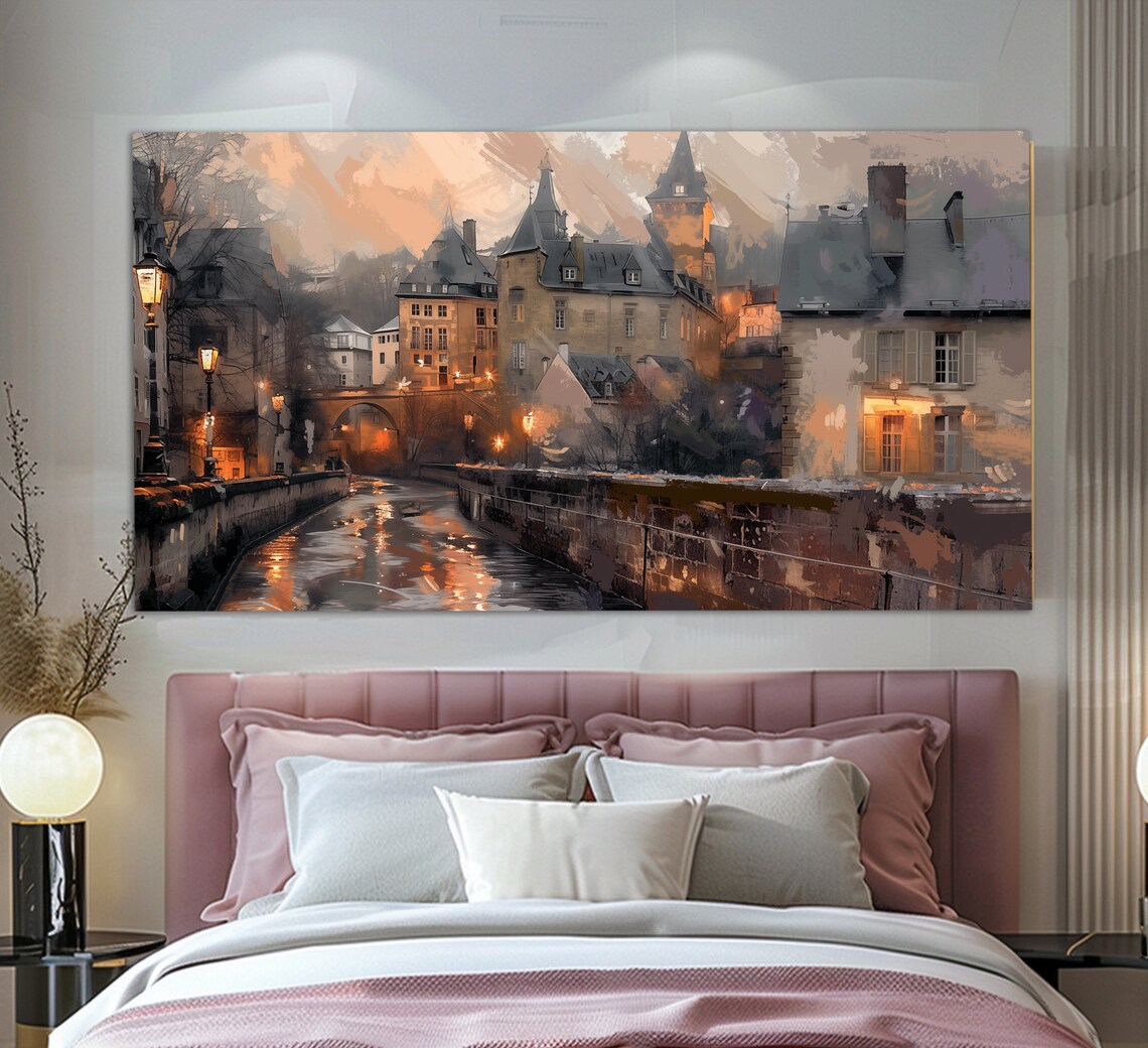 Luxembourg Old Town Canal Evening Lights Vintage Oil Painting Poster - Image 2