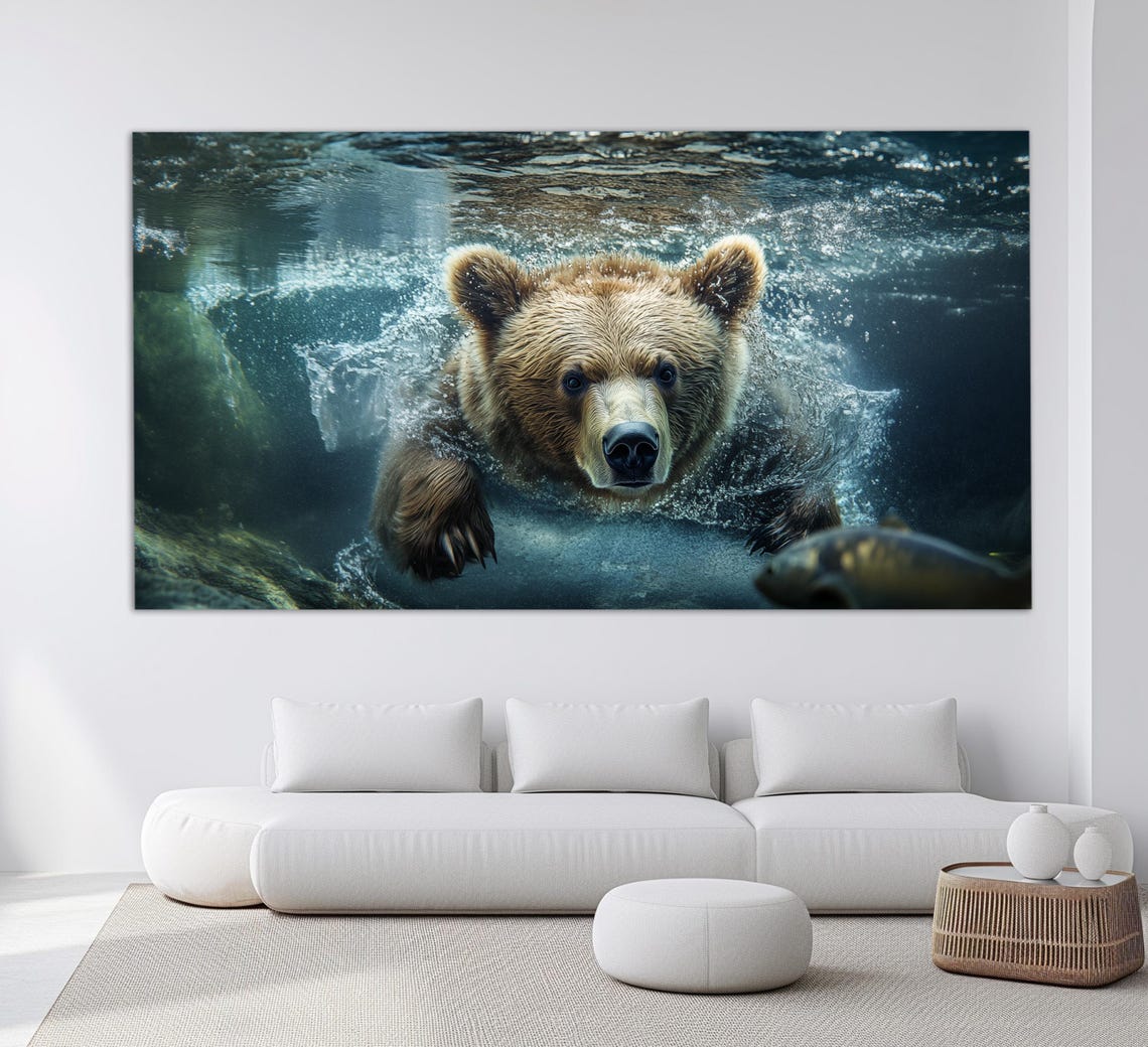 Brown Bear Swimming Underwater Chasing Fish Wildlife Art Poster - Image 4