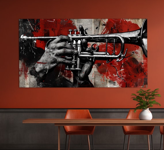 Jazz Trumpet Player Hands Grunge Newspaper Collage Music Poster