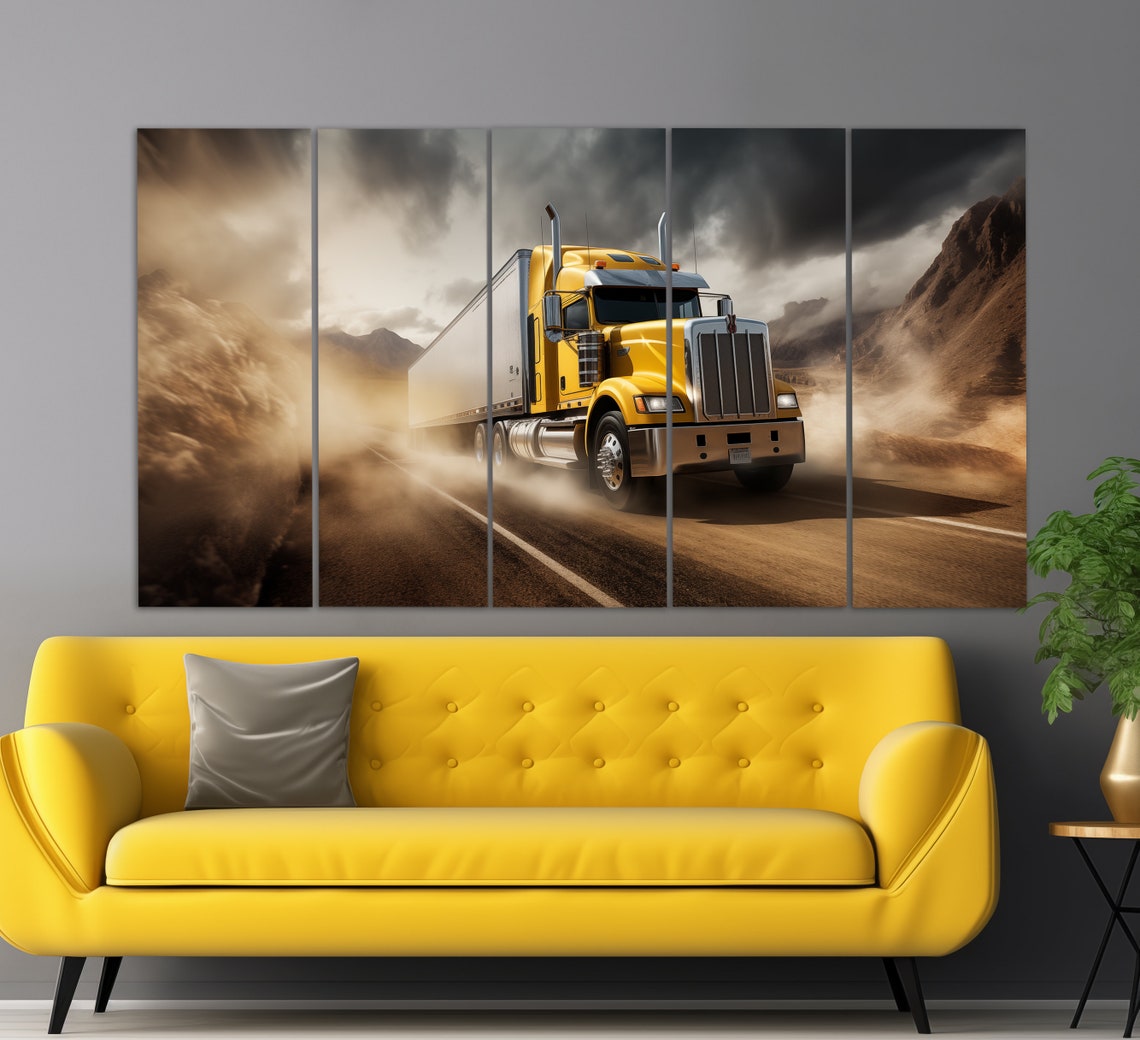 Yellow Semi Truck Speeding Desert Highway Dramatic Clouds Art Poster - Image 2