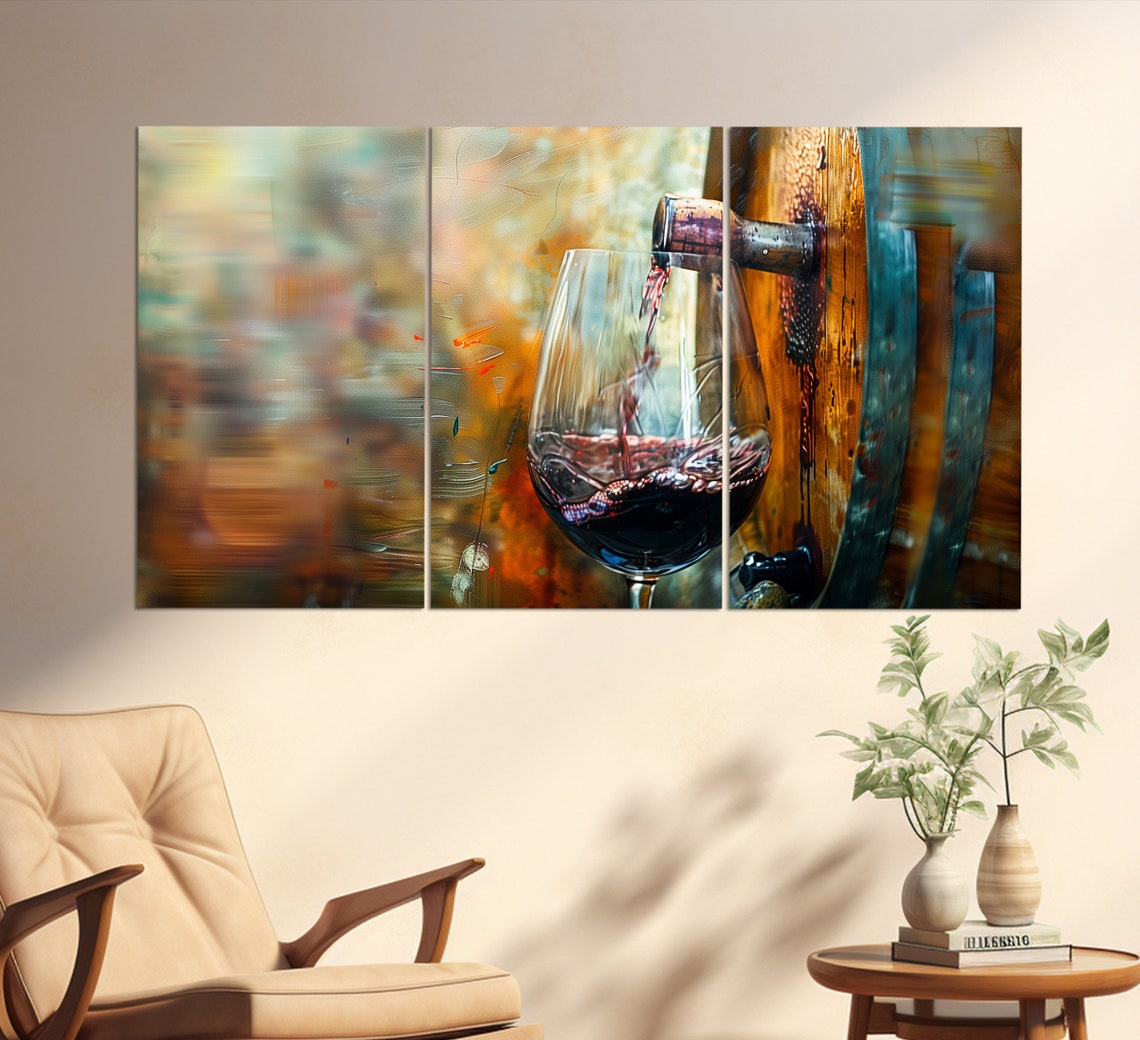 Red Wine Pouring From Oak Barrel Into Glass Rustic Kitchen Art Poster - Image 3