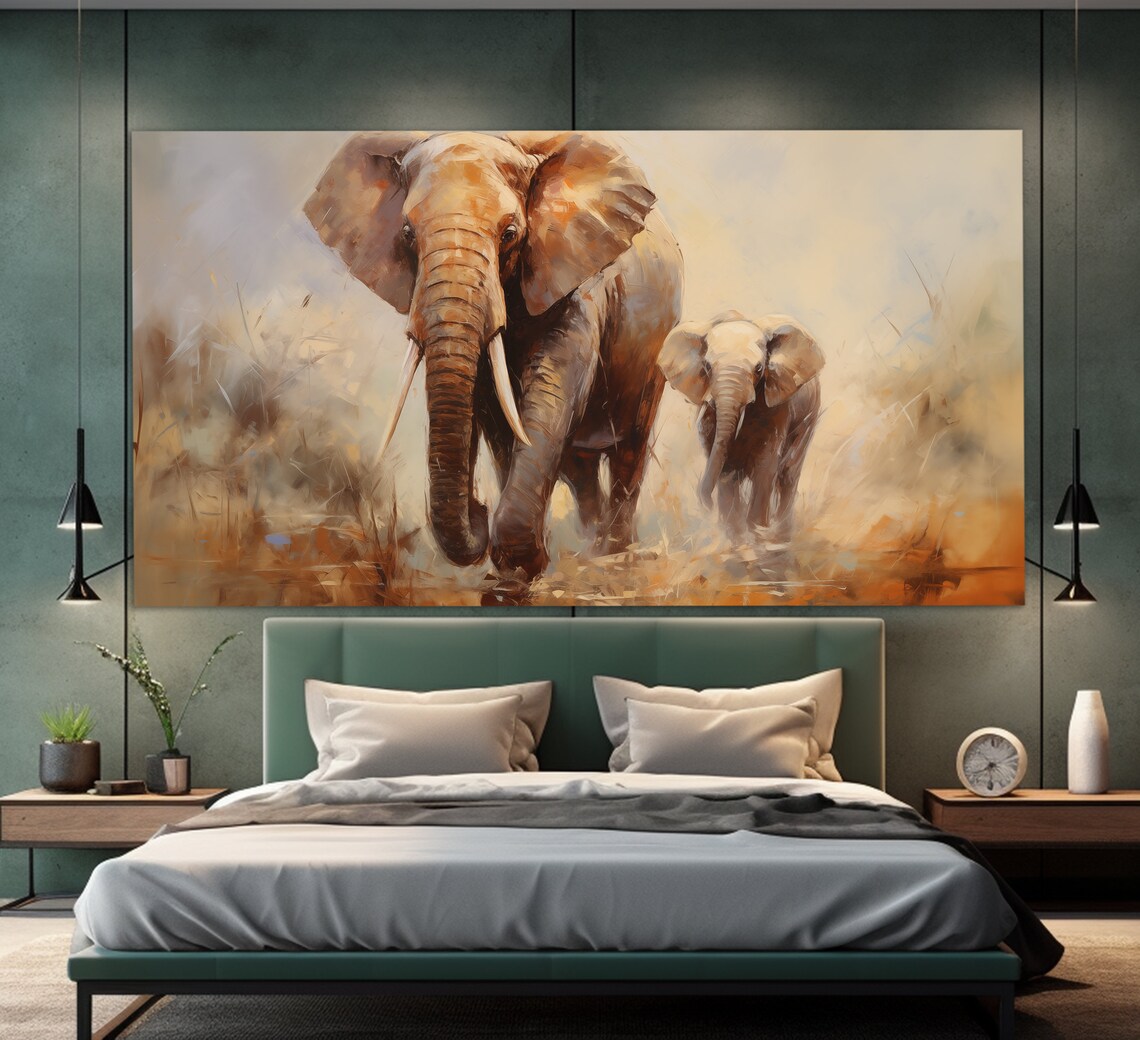 Elephant Mother And Calf Golden Savanna Dust Oil Painting Poster - Image 4