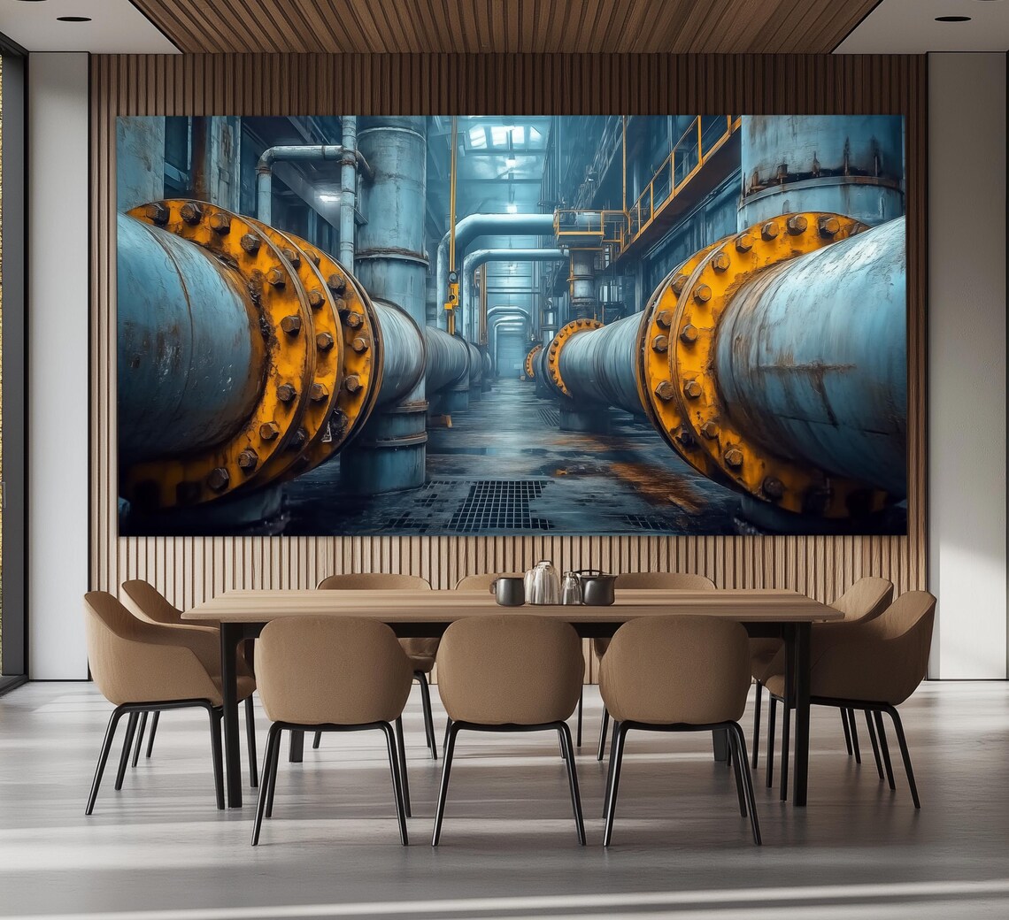 Industrial Factory Interior Blue Steel Pipes Yellow Flanges Wall Art